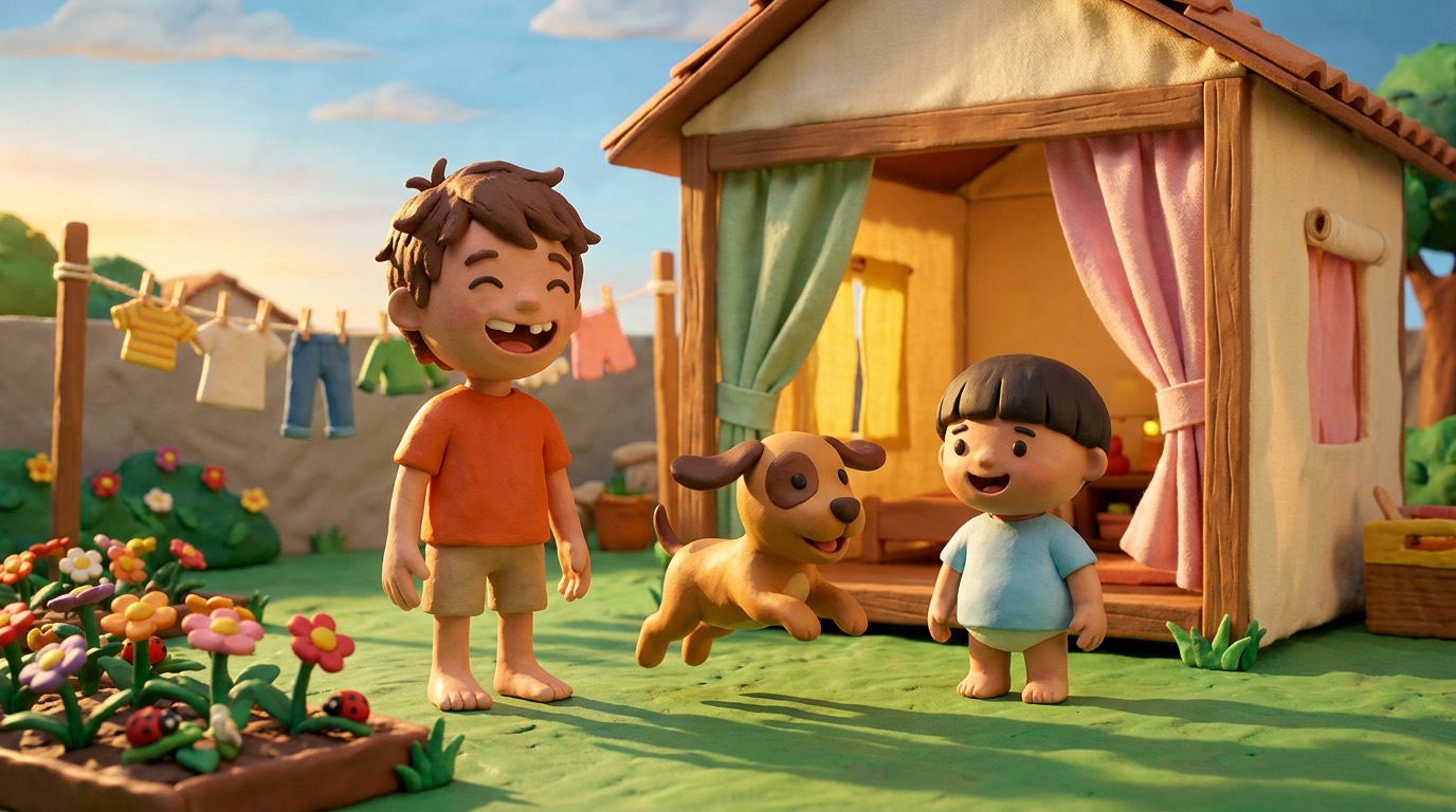 Pedrinho, Samir e o cachorrinho Biscoito, em massinha, no quintal da vovó Ana com a casinha de pano ao fundo